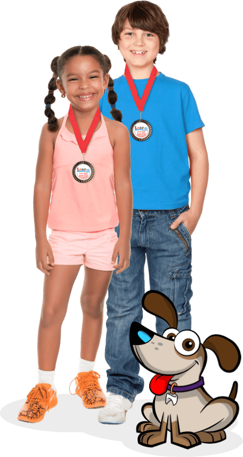 a girl and boy wearing medals, standing by a dog
